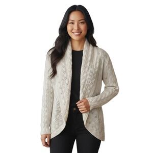 Cabi Cardigan Medium Open Knit‎ Pointelle Draped Cream Cotton Blend Sweater